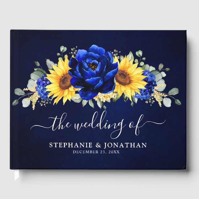 Royal Blue Rustic Sonnenblume Moderne Blumenhochze Gästebuch (Vorderseite)