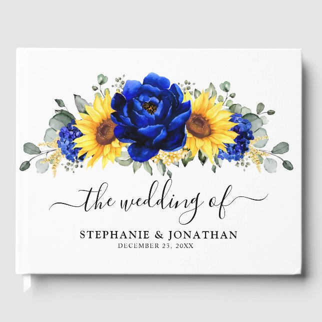 Royal Blue Rustic Sonnenblume Moderne Blumenhochze Gästebuch (Vorderseite)