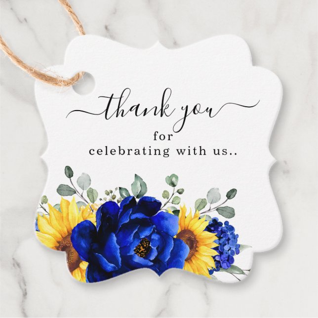 Royal Blue Rustic Sonnenblume Moderne Blumenhochze Geschenkanhänger (Vorderseite)