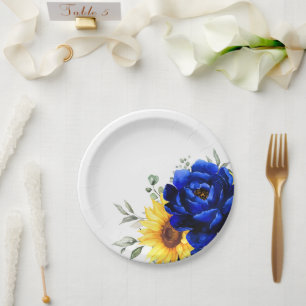 Royal Blue Rustic Sonnenblume Moderne Blumenhochze Pappteller