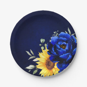 Royal Blue Rustic Sonnenblume Moderne Blumenhochze Pappteller