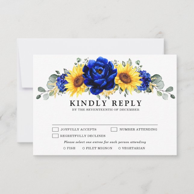 Royal Blue Rustic Sonnenblume Moderne Blumenhochze RSVP Karte (Vorderseite)