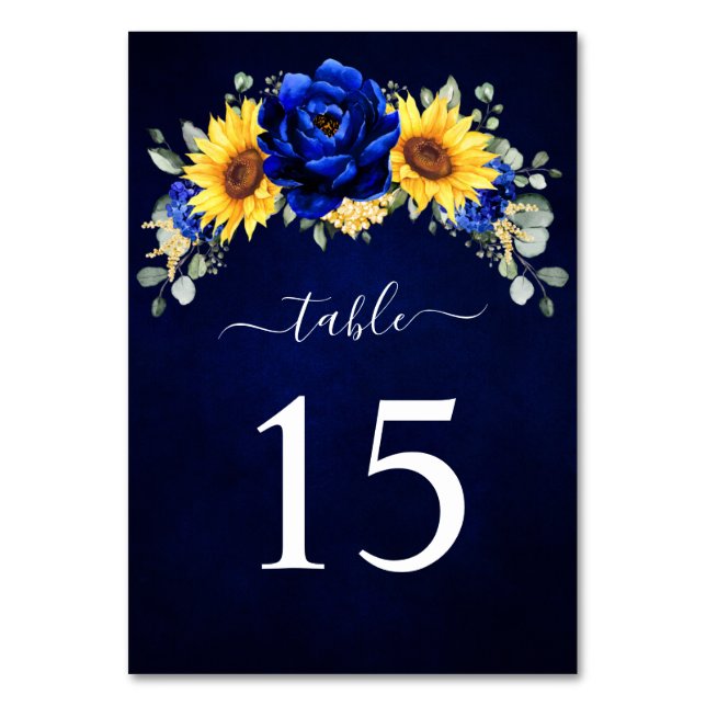 Royal Blue Rustic Sonnenblume Moderne Blumenhochze Tischnummer (Vorderseite)
