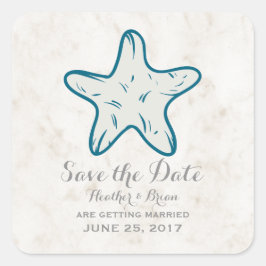 Royal Blue Rustic Starfish Save the Date Quadratischer Aufkleber