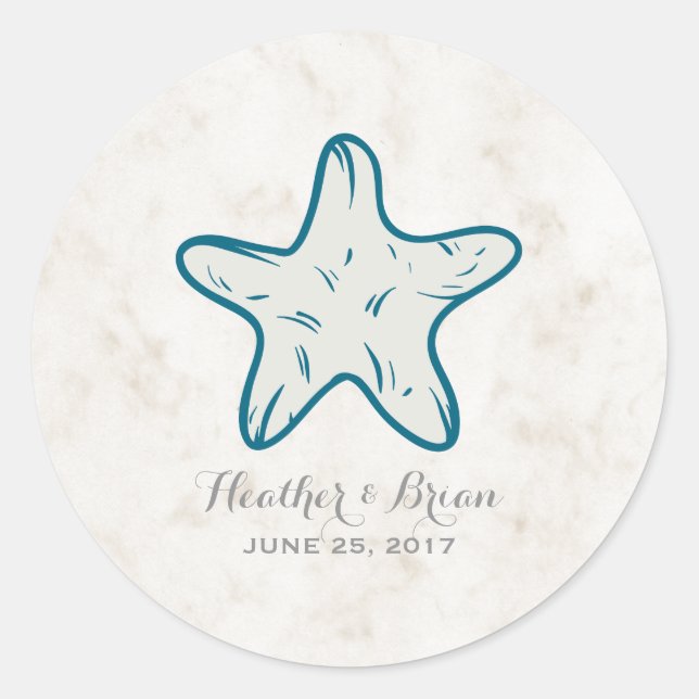 Royal Blue Rustic Starfish Wedding Runder Aufkleber (Vorderseite)