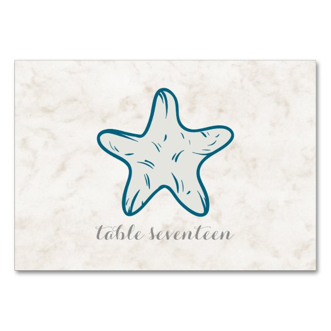 Royal Blue Rustic Starfish Wedding Table Tischnummer (Vorderseite)