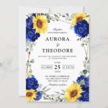 Royal Blue Rustic Sunflower Geometric Wedding Inv