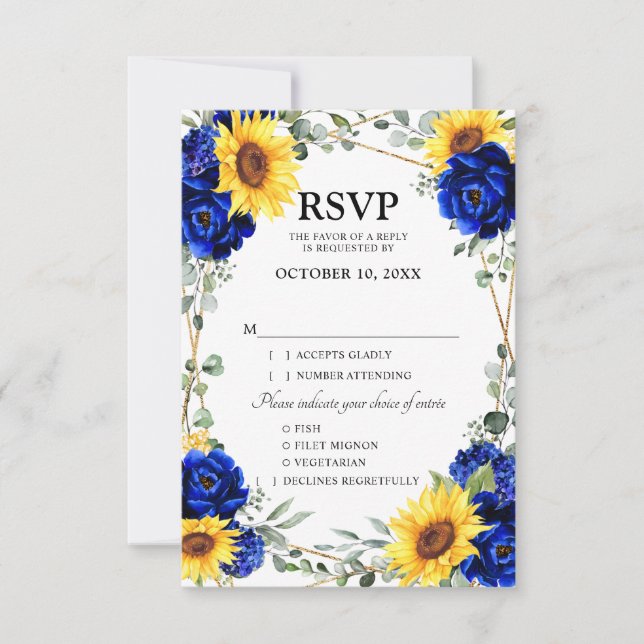 Royal Blue Rustic Sunflower Geometric Wedding RSVP Karte (Vorderseite)