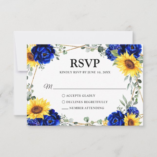 Royal Blue Rustic Sunflower Geometric Wedding RSVP Karte (Vorderseite)