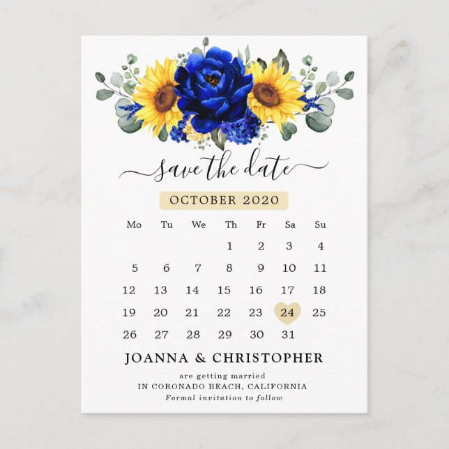 Royal Blue Rustic Sunflower Modern Save the Date Postkarte (Vorderseite)