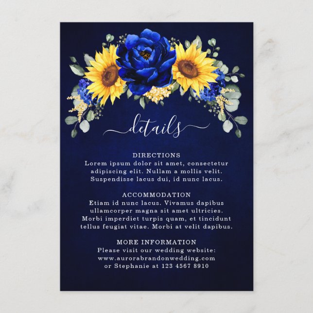 Royal Blue Rustic Sunflower Modern Wedding Details Begleitkarte (Vorderseite)