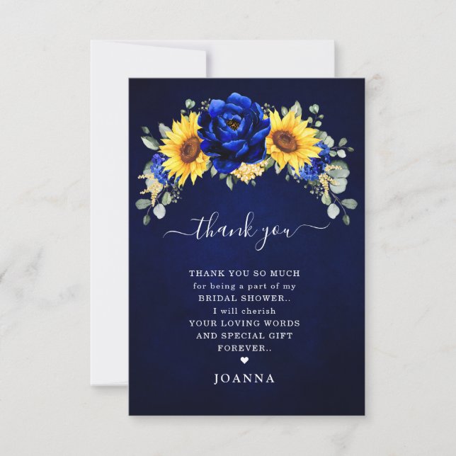 Royal Blue Rustic Sunflower Modernes Brautparty T Dankeskarte (Vorderseite)