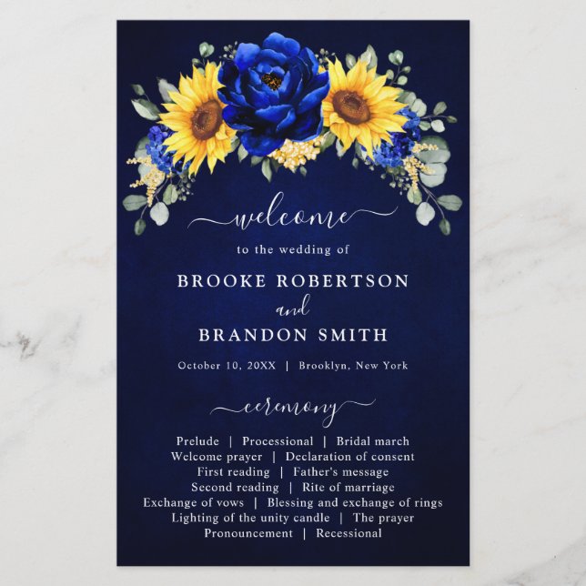 Royal Blue Rustic Sunflower Programme de mariage m (Devant)
