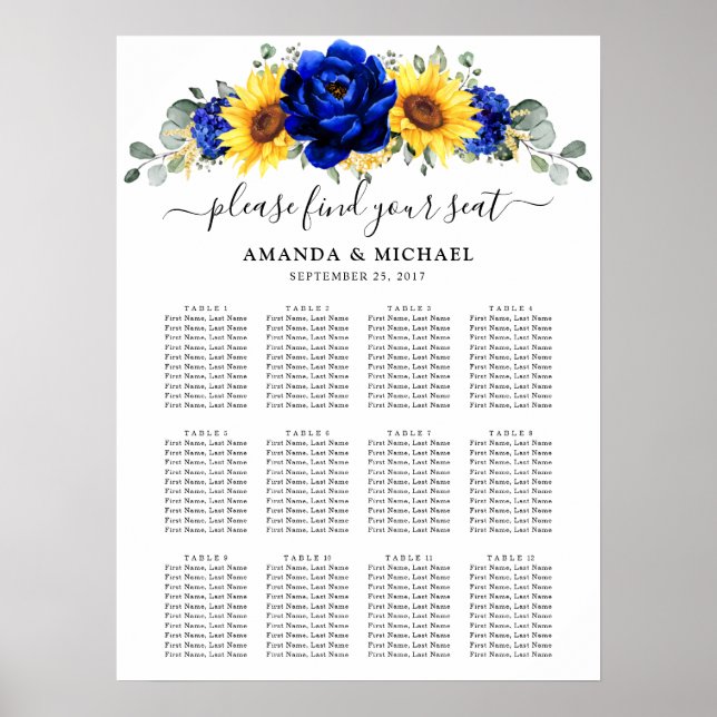 Royal Blue Rustic Sunflower Wedding Chart Poster (Vorne)
