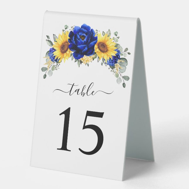 Royal Blue Rustic Sunflower Wedding Tischnummer Tischaufsteller (Vorderseite)