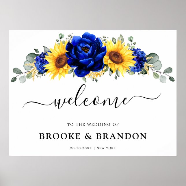 Royal Blue Rustic Sunflower Wedding Willkommenspen Poster (Vorne)