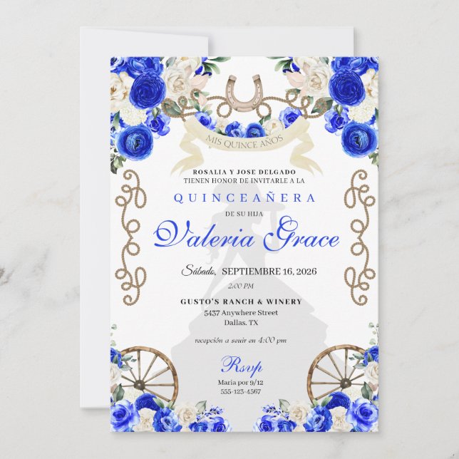 Royal Blue Rustic Western Charro Woman Quinceañera Einladung (Vorderseite)