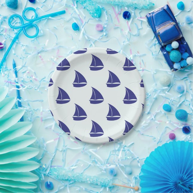 Royal Blue Sailboat Pattern Pappteller (Party)