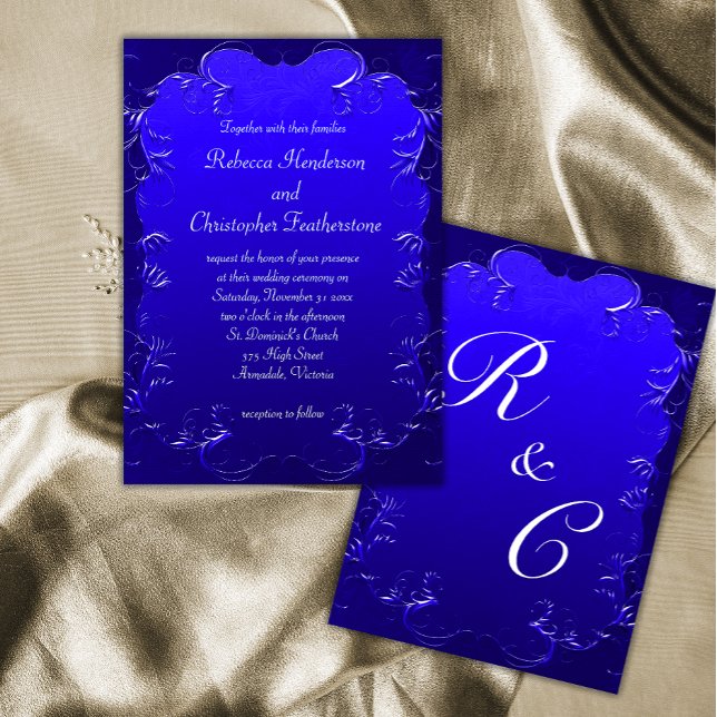 Royal Blue Schnörkel Classic Elegante Wedding Einladung (Von Creator hochgeladen)