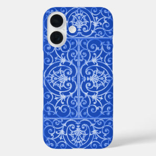 Royal Blue scrollwork-Muster iPhone 16 Hülle