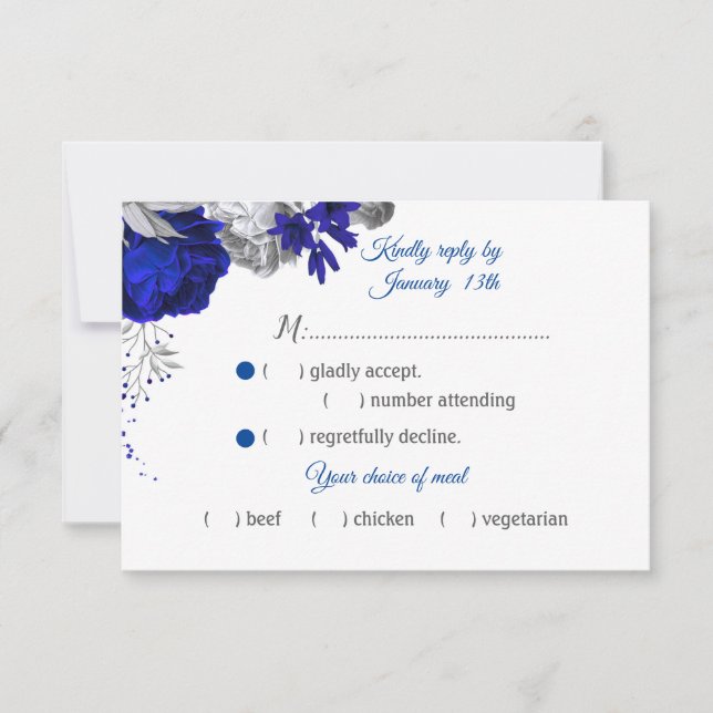 Royal Blue & Silber Blume Auswahl RSVP Karte (Vorderseite)