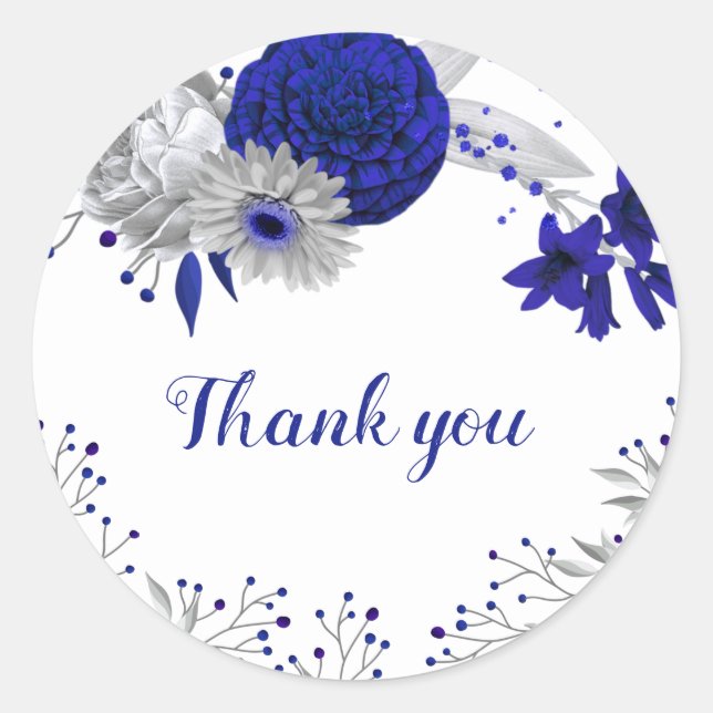 Royal Blue & Silber Blume Vielen Dank Runder Aufkleber (Vorderseite)