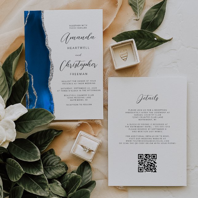 Royal Blue Silver Agate QR Code Wedding Einladung (Von Creator hochgeladen)