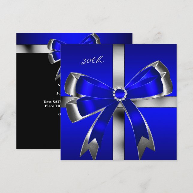 Royal Blue Silver Bow 30. Jewel Birthday Party Einladung (Vorne/Hinten)