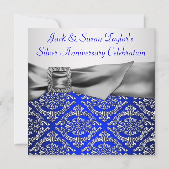 Royal Blue Silver Damask Silver 25-jähriges Besteh Einladung (Vorderseite)