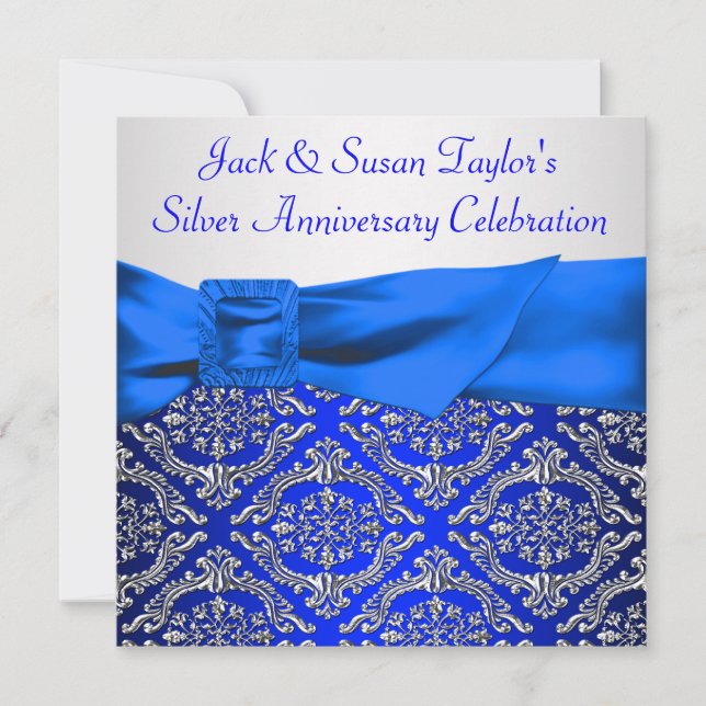 Royal Blue Silver Damask Silver 25-jähriges Besteh Einladung (Vorderseite)