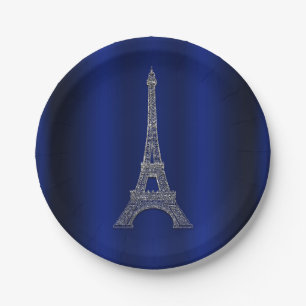Royal Blue Silver Eiffel Tower Paris Chic Wedding Pappteller