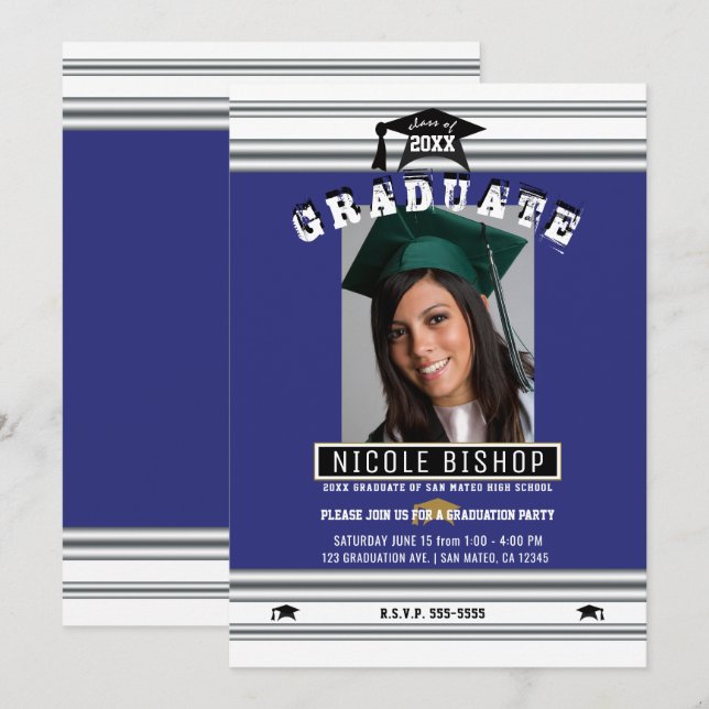 Royal Blue Silver Elegant Foto Graduation Party Einladung (Vorne/Hinten)