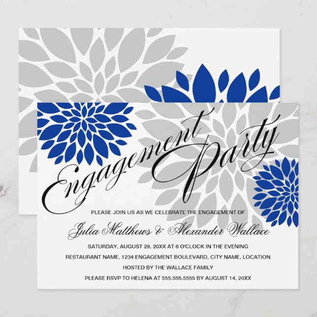 Royal Blue Silver Floral Burst Engagement Party Einladung (Vorne/Hinten)