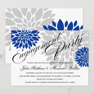 Royal Blue Silver Floral Burst Engagement Party Einladung