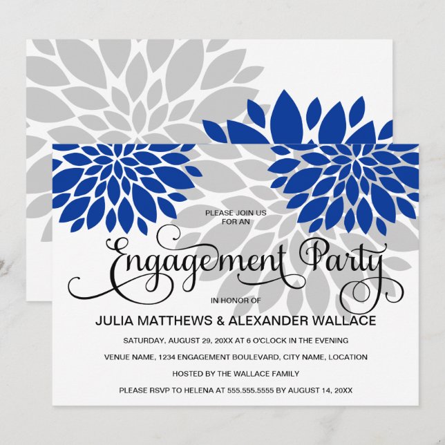 Royal Blue Silver Floral Burst Engagement Party Einladung (Vorne/Hinten)