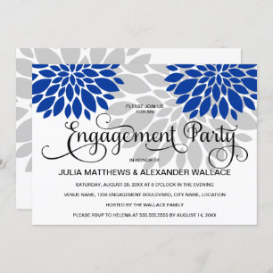Royal Blue Silver Floral Burst Engagement Party Einladung