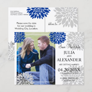 Royal Blue Silver Floral Burst Foto Save the Date Ankündigungspostkarte