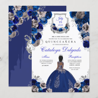 Royal Blue & Silver Floral Elegante Quinceañera Einladung