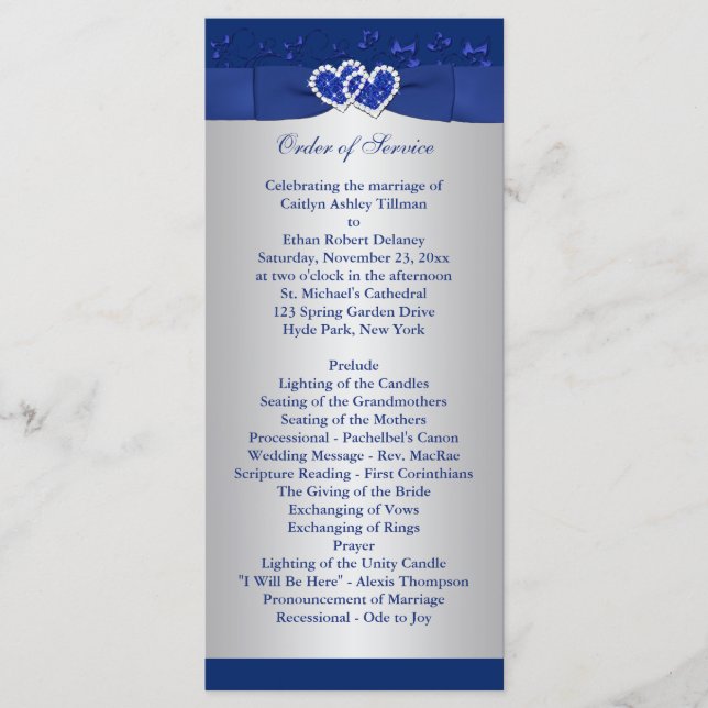 Royal Blue, Silver Floral Hearts Programme de mari (Devant)