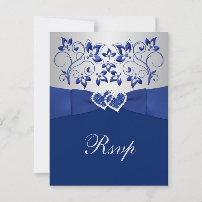 Royal Blue, Silver Floral, Hearts Wedding RSVP (Vorderseite)