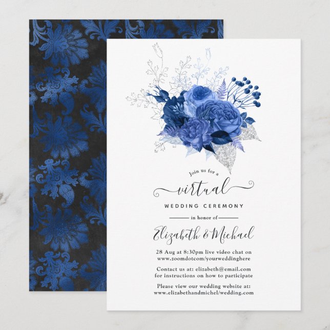 Royal Blue & Silver Floral Online Virtual Wedding Einladung (Vorne/Hinten)