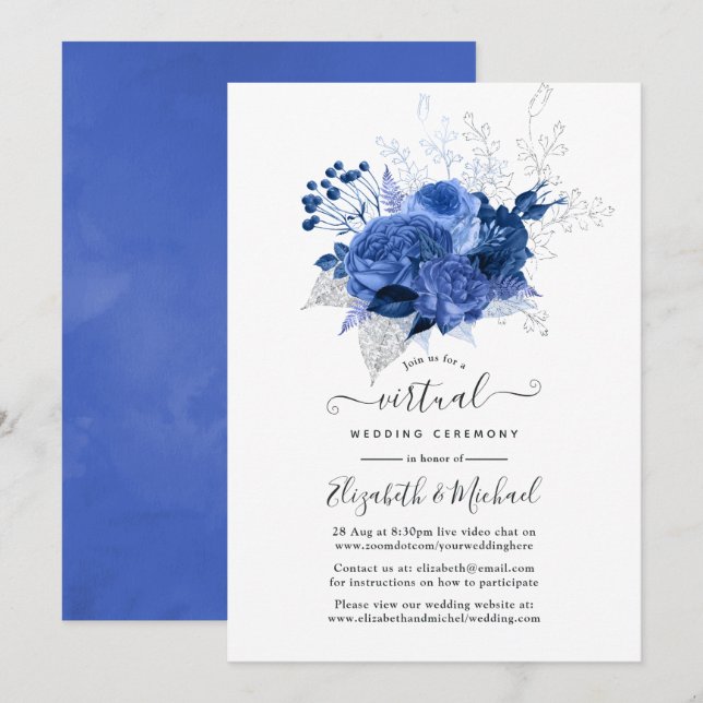 Royal Blue & Silver Floral Online Virtual Wedding Einladung (Vorne/Hinten)