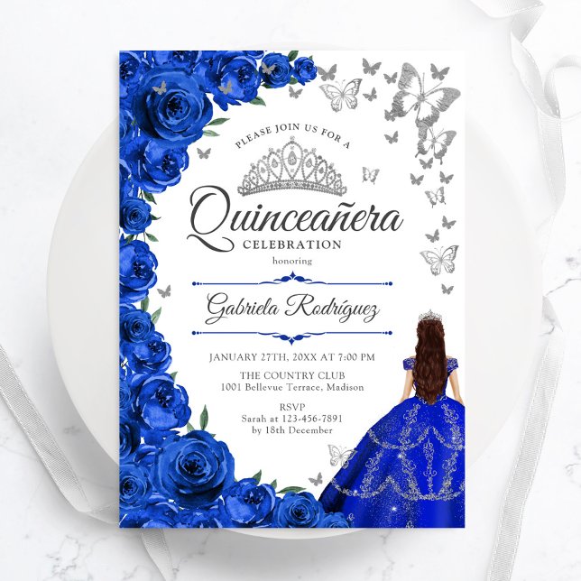 Royal Blue Silver Floral Quinceanera Einladung (Von Creator hochgeladen)