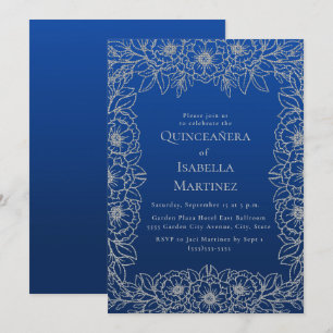 Royal Blue Silver Floral Quinceñera Sweet 15 Einladung