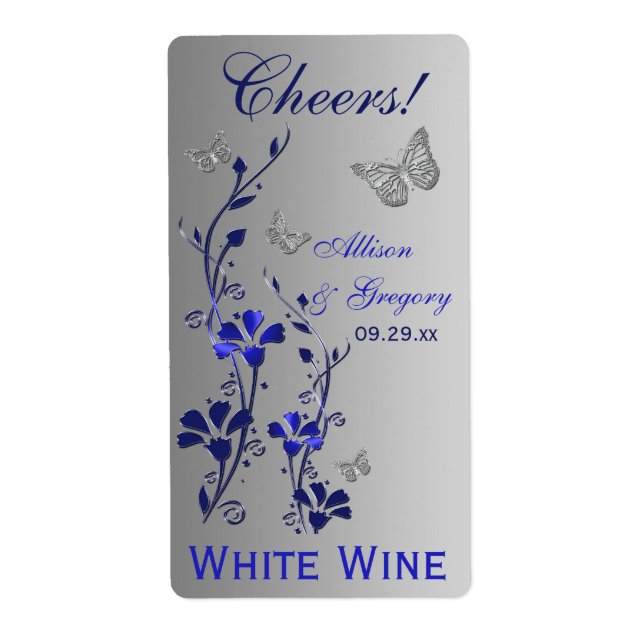 Royal Blue, Silver Floral Wedding Bottle Label 2 (Vorne)