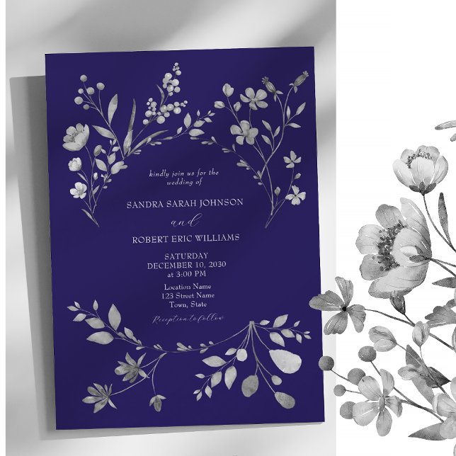 Royal Blue Silver Floral Wedding Einladung (Von Creator hochgeladen)