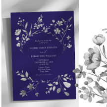 Royal Blue Silver Floral Wedding Invitation