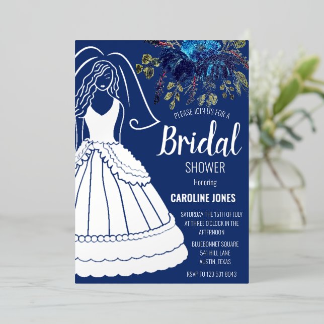 Royal Blue Silver Foil Blumendress Brautparty Folieneinladung (Stehend vorne)