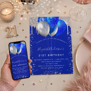 Royal blue silver glitter drips balloons birthday einladung
