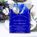 Royal blue silver glitter drips balloons birthday einladung<br><div class="desc">A royal blue background. Decorated with faux silver glitter drips paint dripping look,  sparkles and balloons. Personalize and add a name and party details. The name is written with a hand lettered style script.</div>